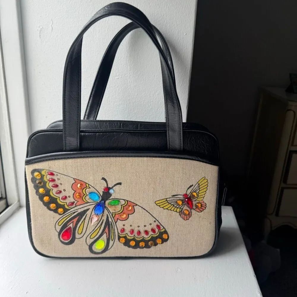 VTG 70s Jeweled Butterfly Purse Black Leather Mod Boho Whimsigoth Box Tote Bag